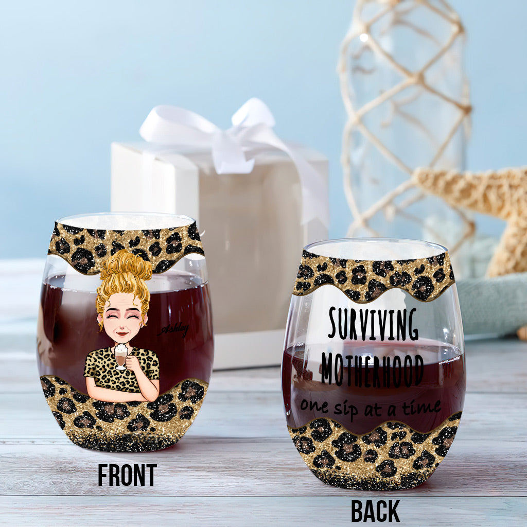 Surviving Motherhood - Personalized Mother's Day Mother All Over Wine Glass