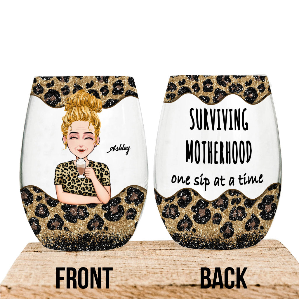 Surviving Motherhood - Personalized Mother's Day Mother All Over Wine Glass