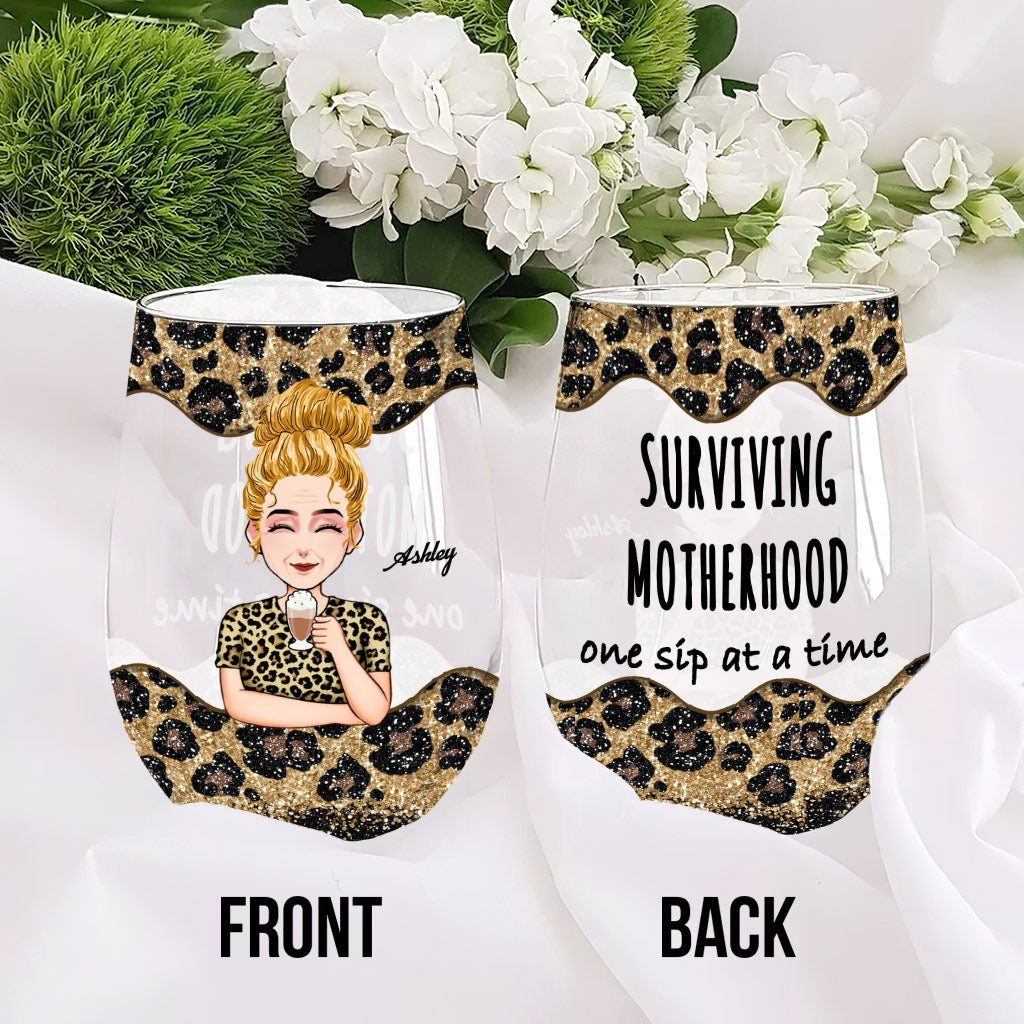Surviving Motherhood - Personalized Mother's Day Mother All Over Wine Glass