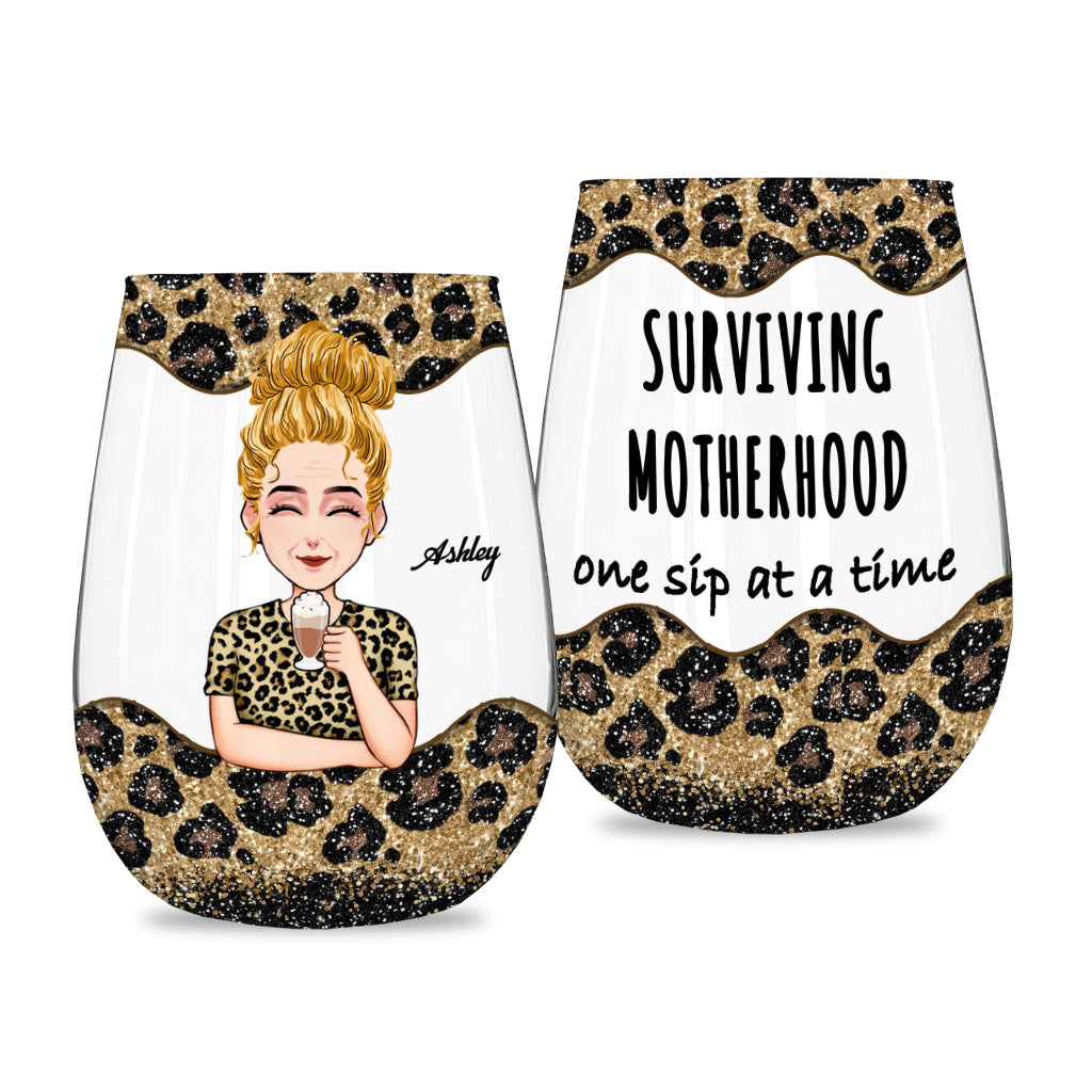 Surviving Motherhood - Personalized Mother's Day Mother All Over Wine Glass