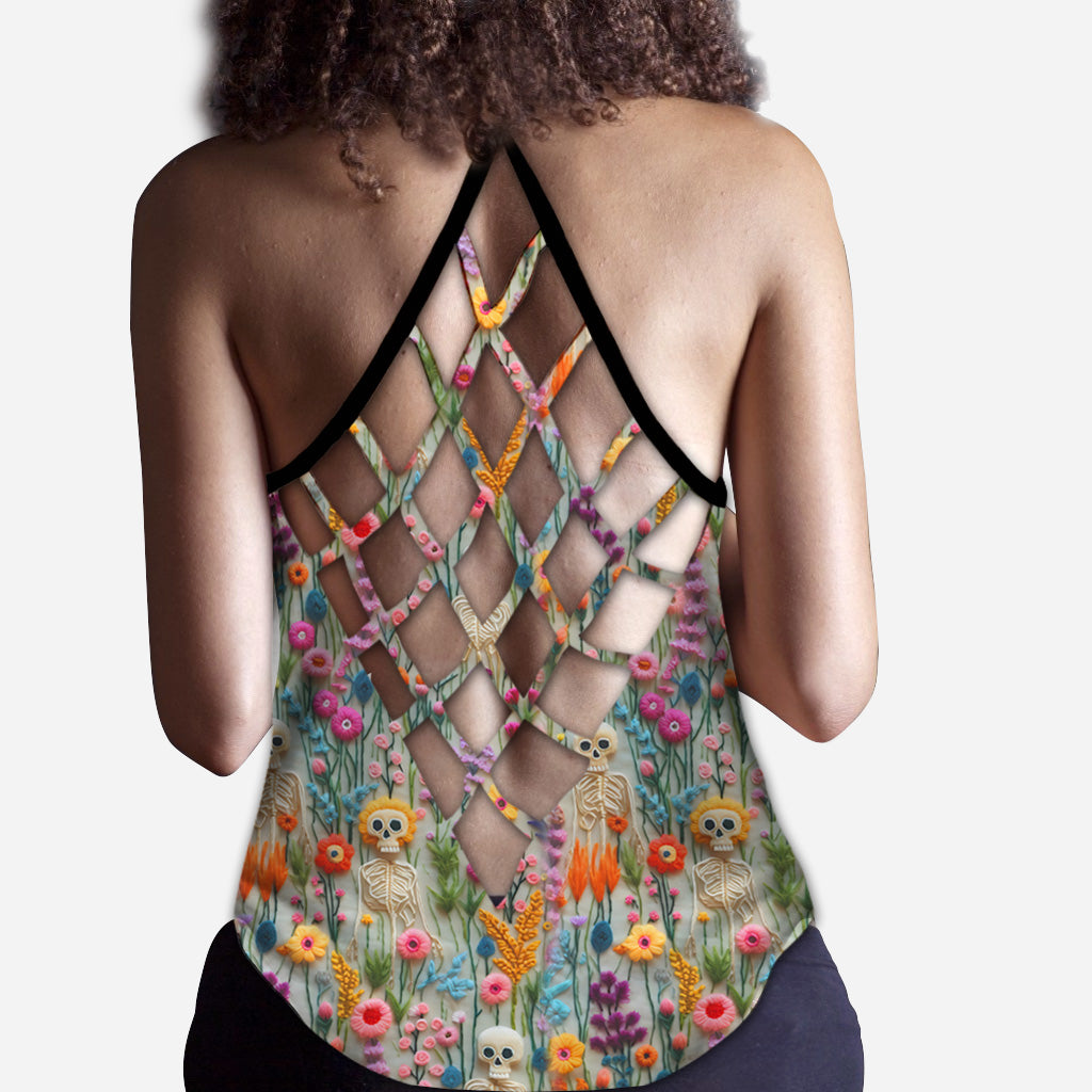 Floral Skeleton - Personalized Skull Cross Tank Top