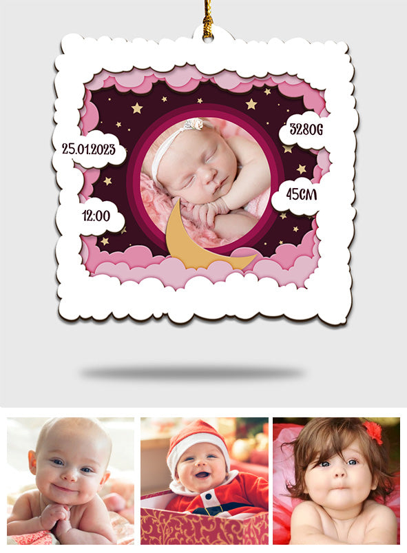 Personalisiertes Babyfoto – Geschenk zur Geburt – Personalisierter dreilagiger Holzschmuck