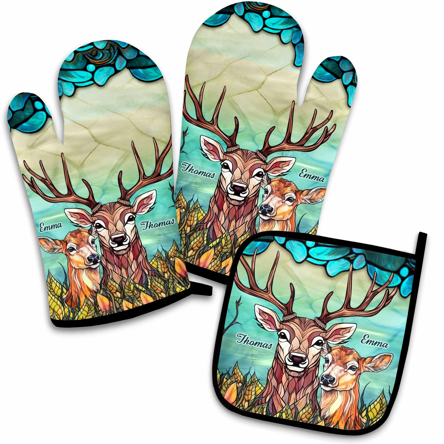 „Du und ich, wir schaffen das“ – personalisiertes Set aus Ofenhandschuhen und Topflappen für die Jagd