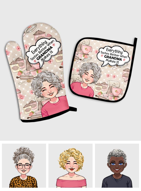 Tout a meilleur goût - Cadeau pour grand-mère - Ensemble de maniques et de gants de cuisine personnalisés