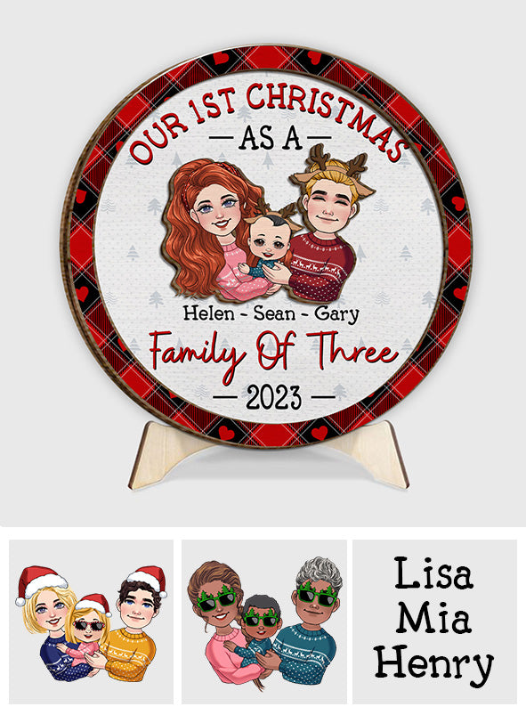Premier Noël en famille à trois - Cadeau pour nouveau-né - Plaque en bois personnalisée à 2 couches