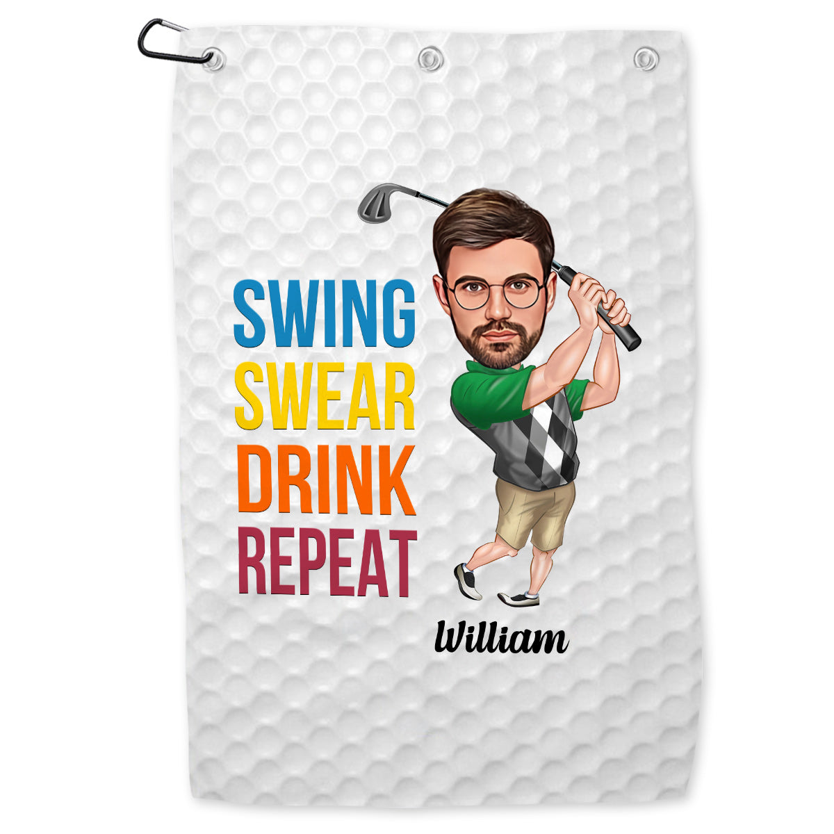 Serviette de golf personnalisée « Swing Swear Drink Repeat »