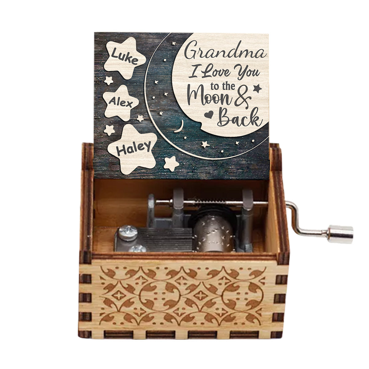I Love You To The Moon And Back - Gift for mom, grandma, dad, grandpa - Personalized Hand Crank Music Box