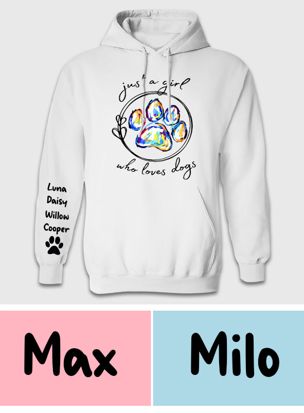 T-shirt personnalisé « Juste une fille qui aime les chiens » avec un motif de chien.