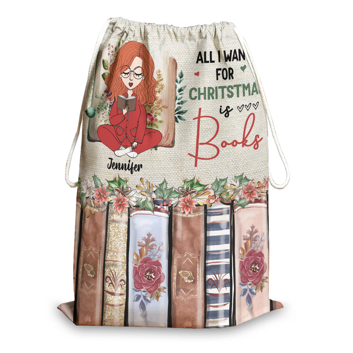 All I Want For Christmas Is Books - Personalized Book Drawstring Tote Bag