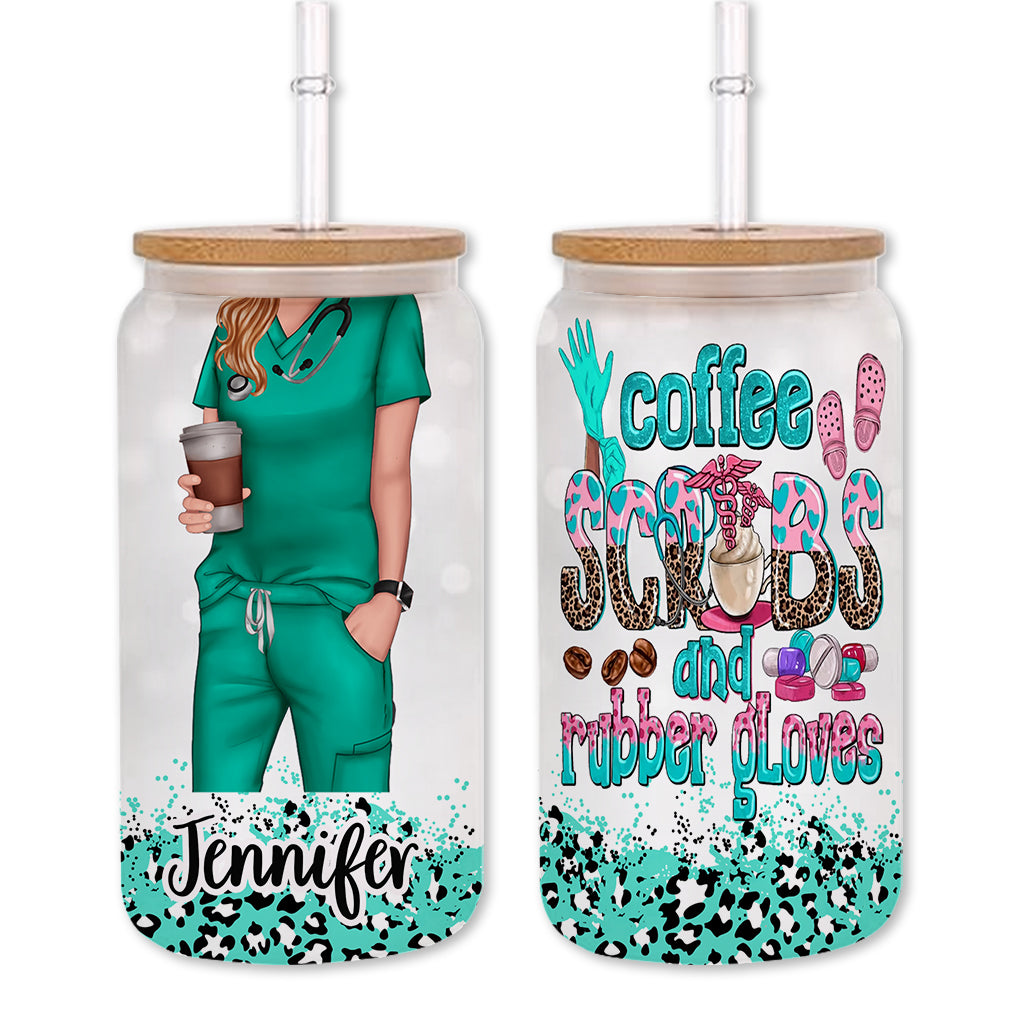 Coffee Scrubs And Rubber Gloves - Personalized Nurse Can Glass