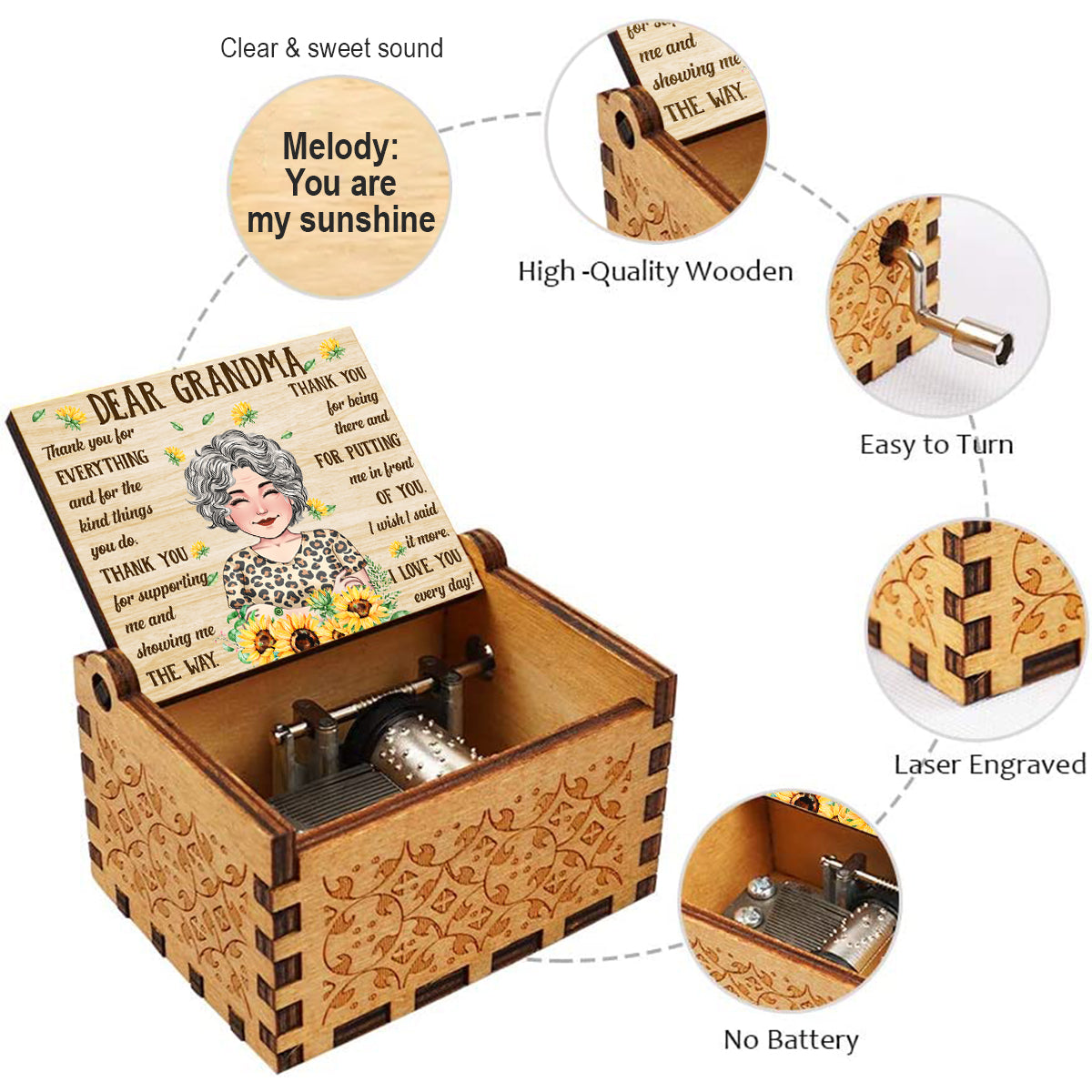 Dear Mom Thank You - Gift for mom, grandma - Personalized Hand Crank Music Box