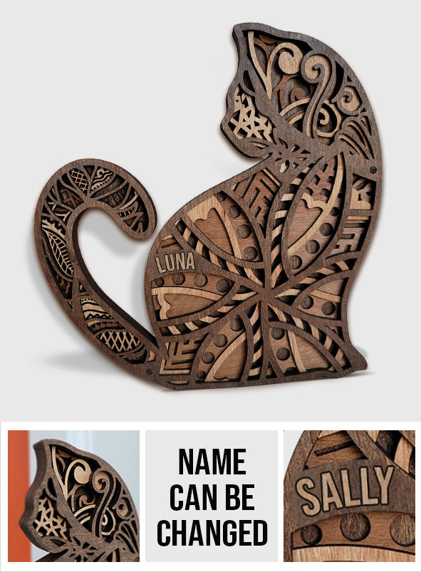 Personalisierte, handgefertigte Katzenskulptur aus Holz – Personalisierte Katzenskulptur aus 4 Schichten