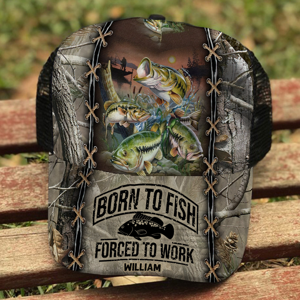 Born To Fish Forced To Work - Personalized Fishing Trucker Hat (Black Mesh)