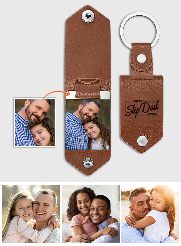 Best Step Dad Ever - gift for step dad - Personalized Leather Photo Keychain
