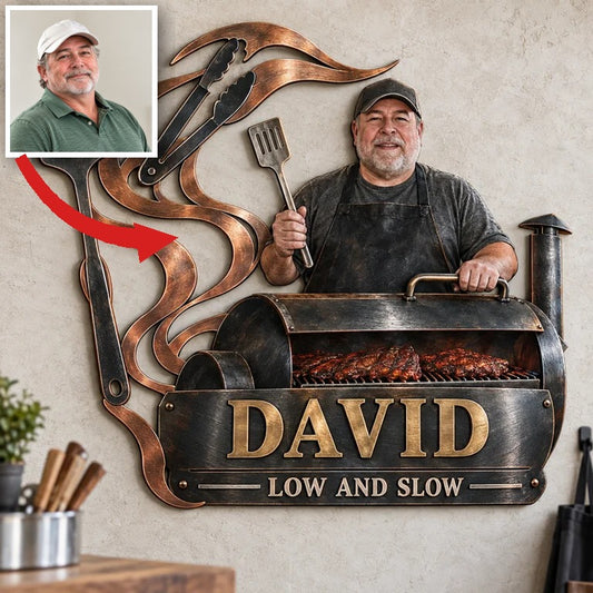 Personalized BBQ Metal Wall Art - Custom Portrait and Name, Grilling Wall Decor