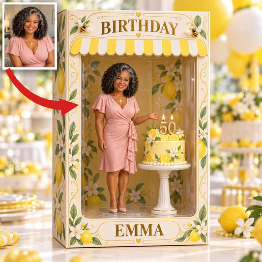 Personalisierte Foto-Zitronenblütenfigur in Acryl-Displaybox - 50. Geburtstagsgeschenk für Frauen