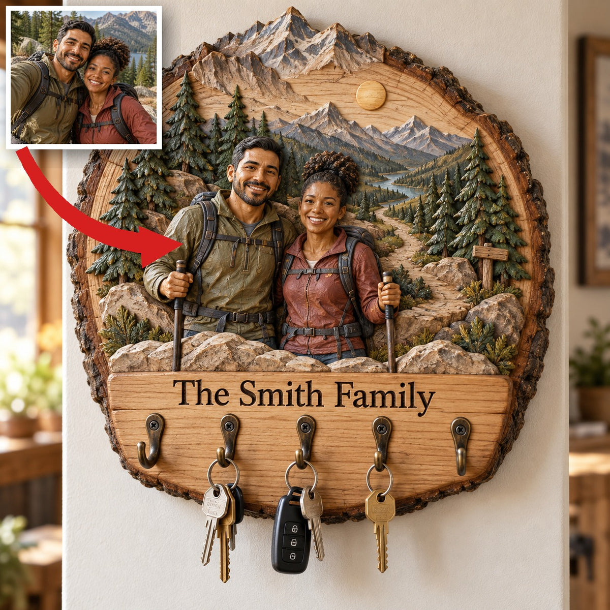 Personalized Hiking Key Rack - Mountain Couple with 5 Hooks