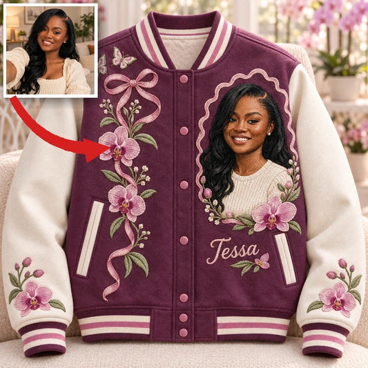 Personalized Orchid Butterfly Varsity Jacket - Women's Birthday Gift with Portrait and Name