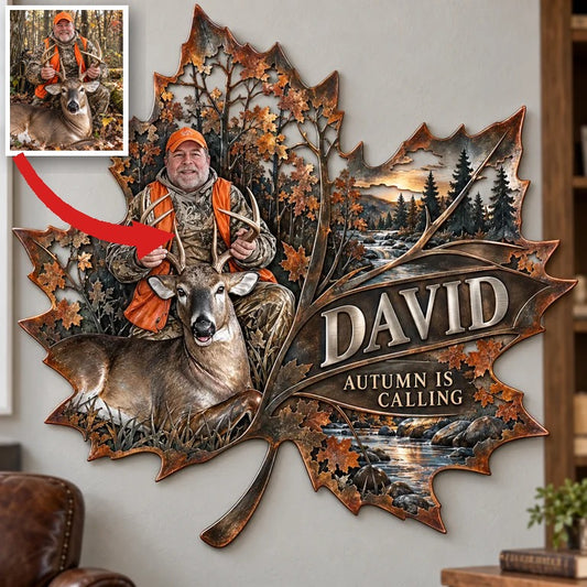 Personalized Hunting Metal Sign - Autumn Maple Leaf Wall Art with Custom Photo, Name and Text