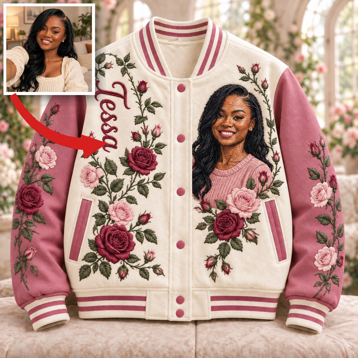 Personalized Rose Varsity Jacket - Women's Embroidered Portrait Design