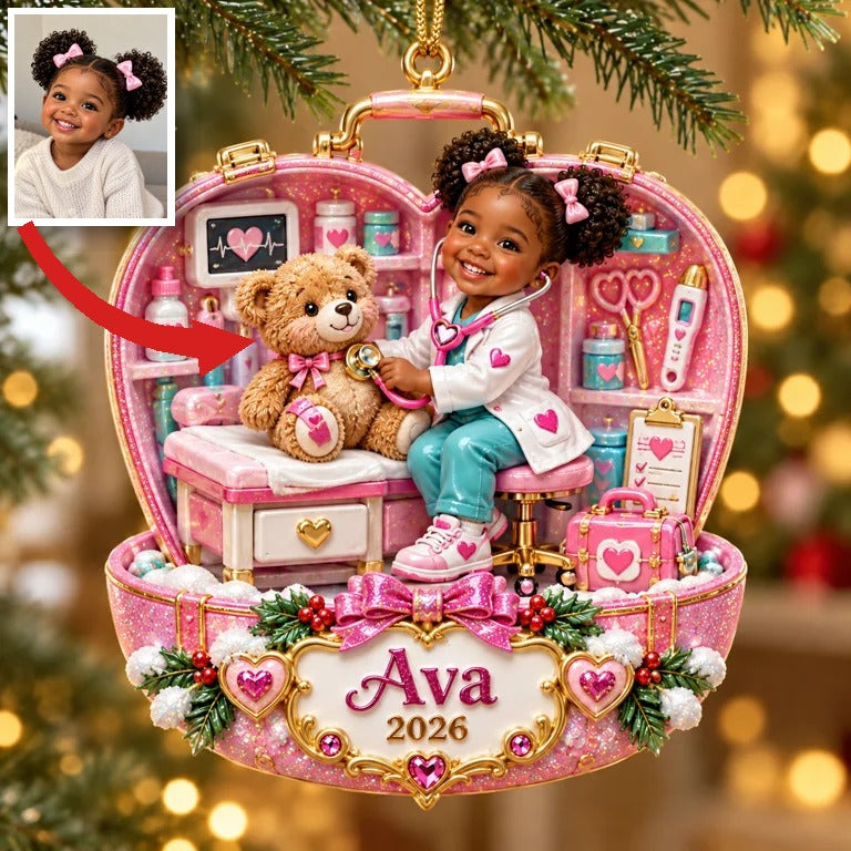 Personalized Custom Photo Doctor and Teddy Bear 3D Ornament - 2026 Christmas Gift for Little Girls