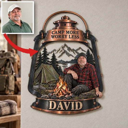 Personalized Camping Metal Wall Art - Custom Portrait and Name, Cabin Wall Decor