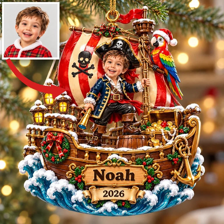 Personalized Custom Photo Pirate Ship 3D Ornament - 2026 Christmas Gift for Boys