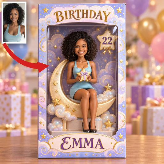 Boîte d'Affichage Personnalisée Lune et Étoiles - Figurine de Portrait d'Anniversaire avec Nom et Âge