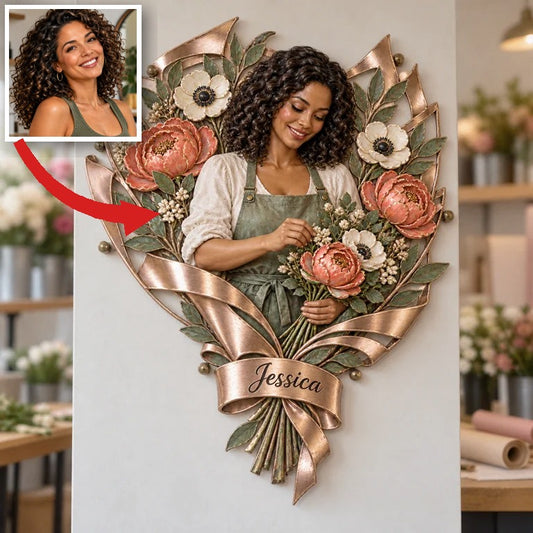 Personalisierte 3D Metalltafel mit Foto und Blumen - Geschenk für Frauen