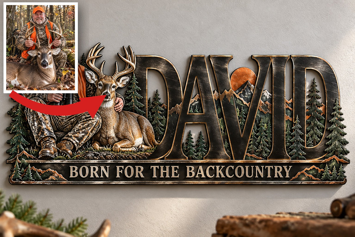 Personalisierte Jagd Metall-Schild - Individuelles Foto und Namens Wandkunst mit Wald- und Bergdesign