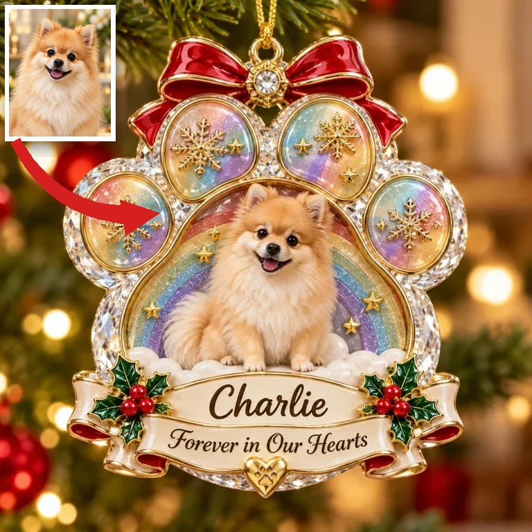 Personalized Custom Photo Pomeranian Memorial 3D Rainbow Paw Ornament - Christmas Dog Lover Gift