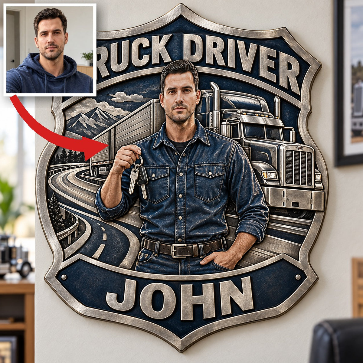 Personalisierte 3D-gedruckte Metalltafel für Lkw-Fahrer - Geschenk für junge Männer