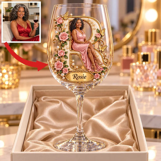 Verre à vin personnalisé avec photo, rose et papillon - Cadeau pour femmes âgées