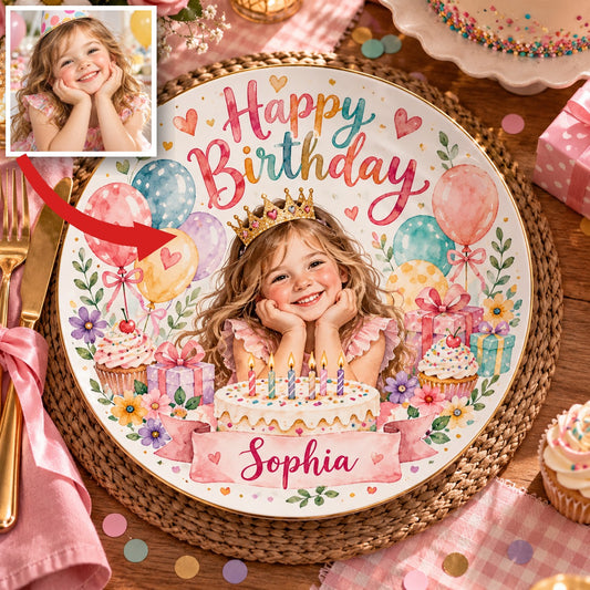 Personalized Colorful Birthday Ceramic Plate - Watercolor Portrait, Custom Name and Age
