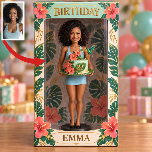 Personalized Birthday Display Box - Portrait Figurine with Butterfly Cake, Name and Age