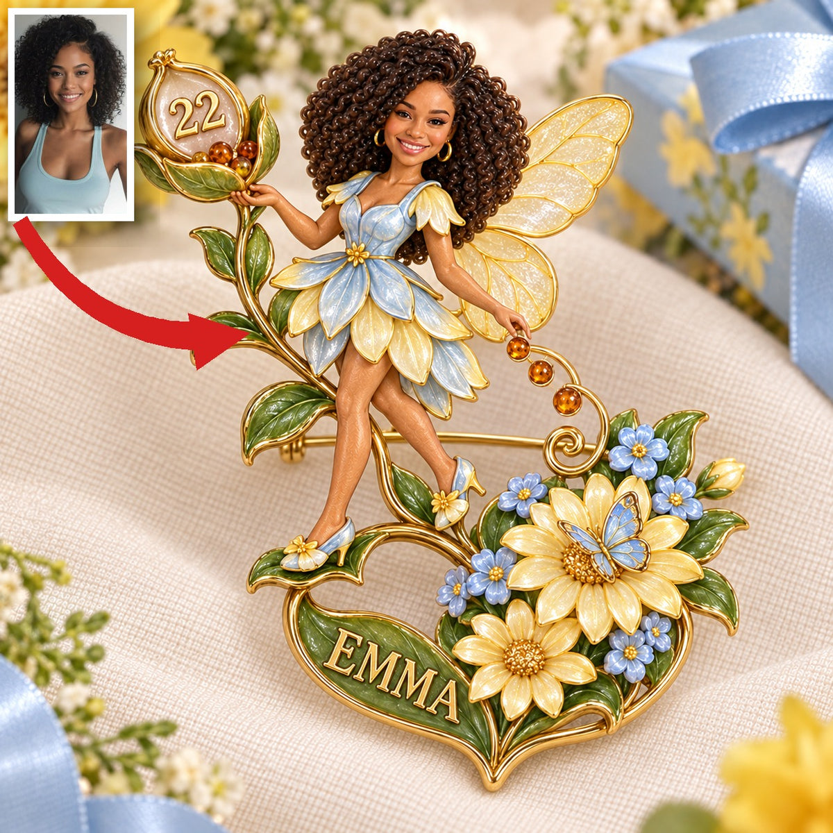 Personalisierte Wildblumen Samenhalter Fee Brosche - Geburtstagsgeschenk mit Foto, Name und Alter