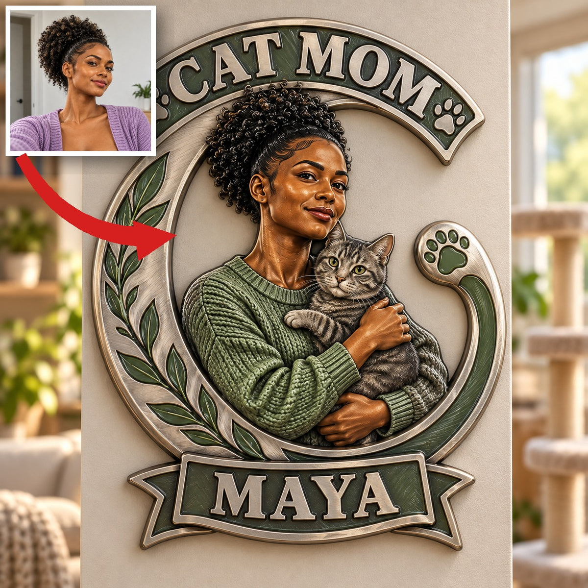 Panneau en Métal Découpé Personnalisé Photo Maman Chat Imprimé en 3D - Cadeau pour Jeunes Femmes