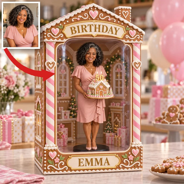 Personalized Custom Photo Gingerbread House Figurine in Acrylic Display Box - 50th Birthday Gift for Women