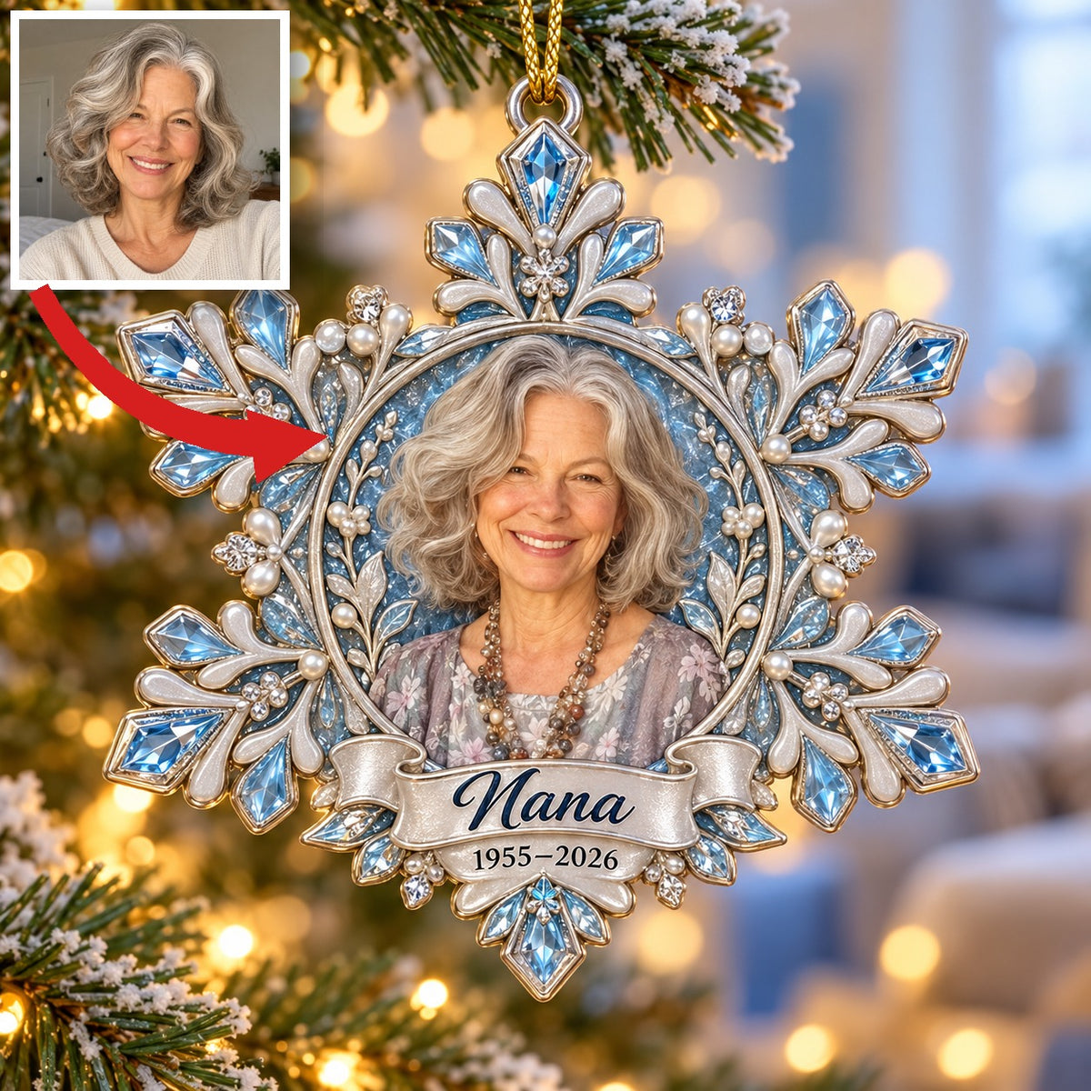 Personalized Custom Photo Snowflake Memorial Christmas Ornament - In Memory of Grandma