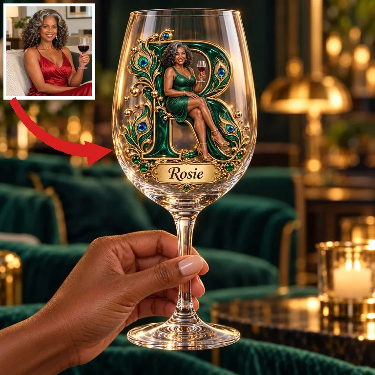 Personalized Custom Photo Peacock Wine Glass - Gift for Older Women