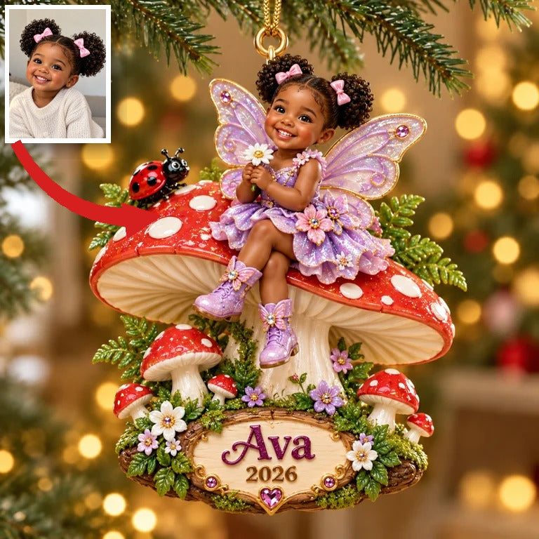 Personalized Custom Photo Mushroom Fairy 3D Ornament - 2026 Christmas Gift for Little Girls