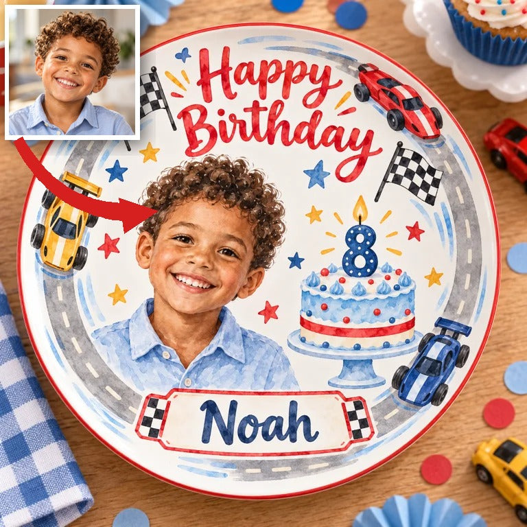Personalized Race Car Ceramic Plate - Birthday Watercolor Portrait, Custom Name and Age