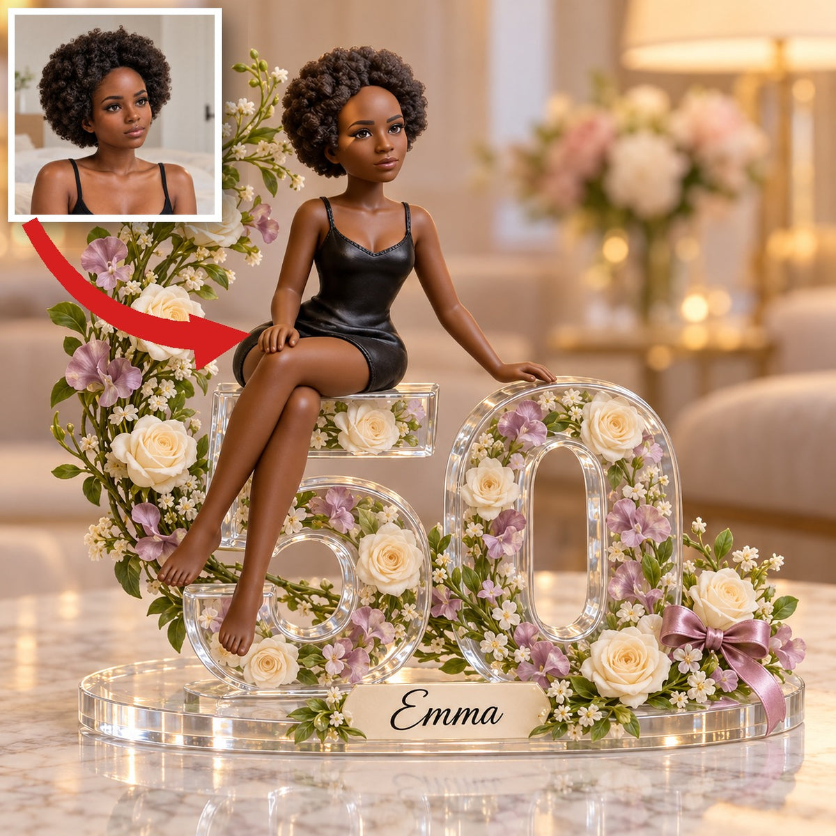 Personalized 50th Birthday Acrylic Figurine - Custom Picture Floral Keepsake for Her