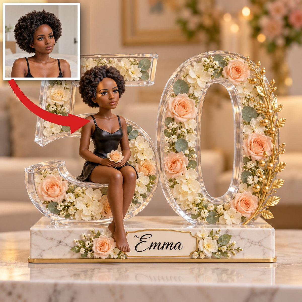 Personalized 50th Birthday Photo Plaque - Floral Acrylic Number Decoration for Women