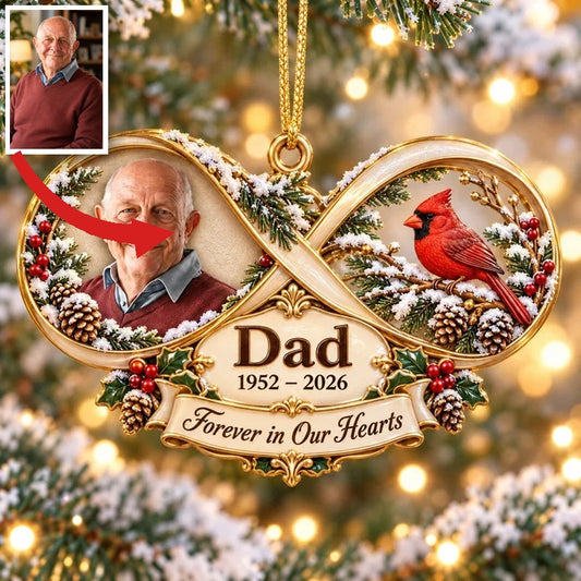 Personalized Custom Photo Dad Memorial Infinity Cardinal 3D Ornament - Christmas Remembrance Keepsake
