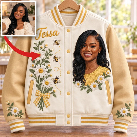 Personalized Daisy Bee Varsity Jacket - Women's Embroidered Portrait and Name
