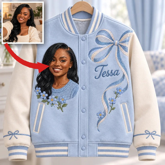 Personalized Blue Bow Varsity Jacket - Women's Birthday Gift with Portrait and Name