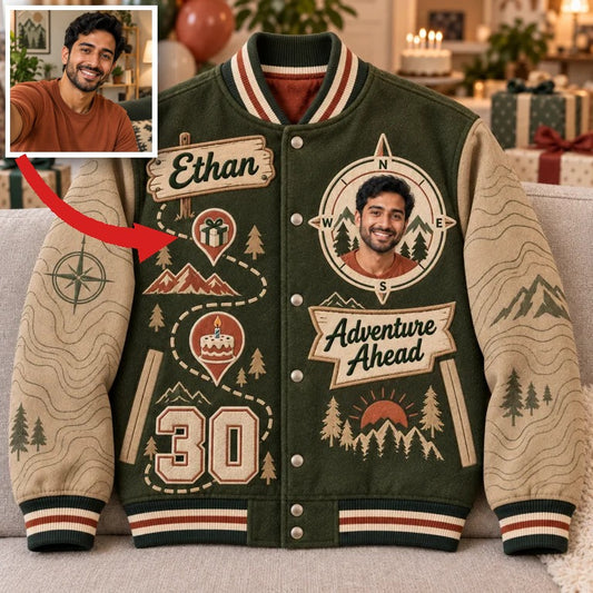 Personalized Birthday Varsity Jacket - Men's Compass Photo & Trail Design