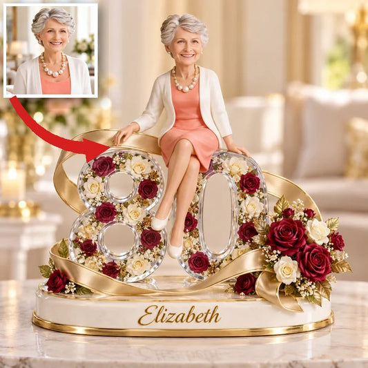 Personalized Birthday Figurine - Custom Portrait, Rose and Ribbon Keepsake Gift
