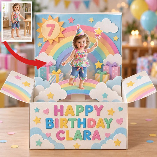 Personalized Birthday Rainbow Pop-Up Box Card with Custom Photo, Name and Age